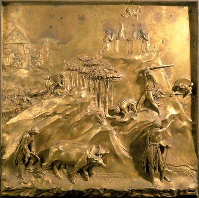 The Story of Cain and Abel: The Sacrifice, The Murder of Abel and God Banishing Cain, originalpanel från East Doors of the Baptistery, 1425-52 (förgylld brons) (efter restaurering) av Lorenzo Ghiberti