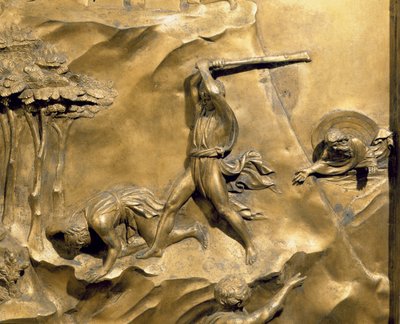 Berättelsen om Kain och Abel, detalj av dödandet av Abel, originalpanel från Baptisteriets östra dörrar, restaurering av förgylld bronsstolpe 1425-52 av Lorenzo Ghiberti