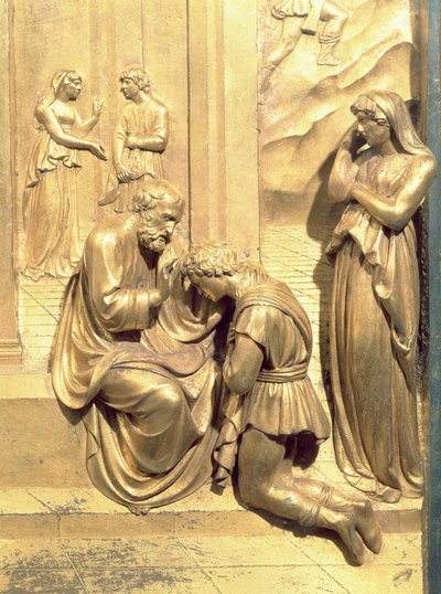Historien om Jakob och Esau, detalj av Isaac Blessing Jacob, från originalpanelen från Baptisteriets östra dörrar, restaurering av förgylld bronsstolpe 1425-52 av Lorenzo Ghiberti
