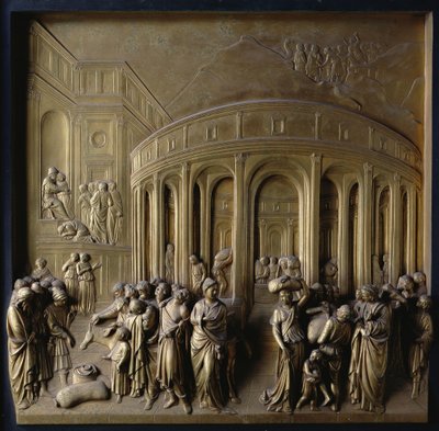 Berättelsen om Josef: Josef såldes till slaveri, The Finding of the Silver Cup och Joseph igenkänd av sina bröder, en av tio reliefpaneler från Gates of Paradise av Lorenzo Ghiberti