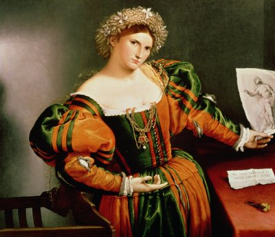En dam med en teckning av Lucretia, ca 1530-33 (olja på duk överförd från trä) av Lorenzo Lotto