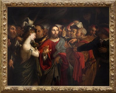 Kristus och äktenskaplig kvinna. Målning av Lorenzo Lotto (1480-1556), olja på duk av Lorenzo Lotto