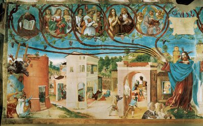 Vänster sida av Capella Suardi, kyrkan Santa Barbara i Bergamo ... (muralmålning) av Lorenzo Lotto