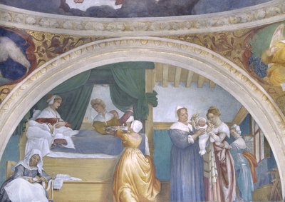 Jungfruns födelse, lunett från Lottokapellet, 1525 av Lorenzo Lotto
