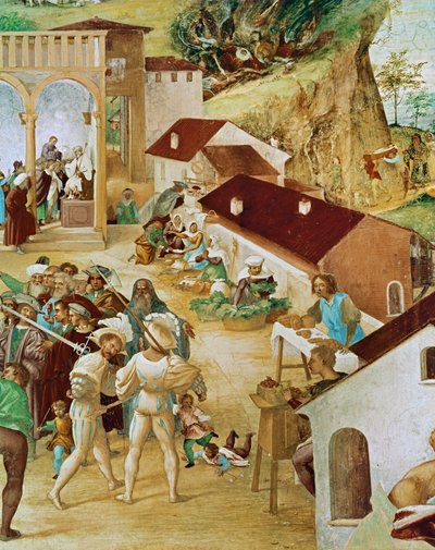 Högra sidan av Capella Suardi, kyrkan Santa Barbara i ... (muralmålning) av Lorenzo Lotto