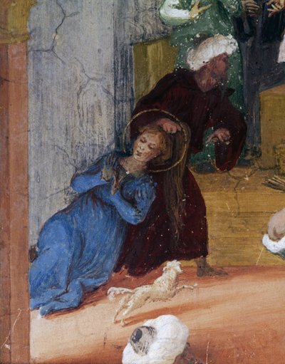Santa Barbara dras i håret framför domaren, detalj från Stories of Saint Barbara av Lorenzo Lotto