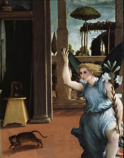 Bebådelsen, detalj av ängeln av Lorenzo Lotto