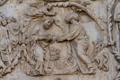 Gideon vrider fleece, detalj från Jesse-trädet och messianska profetior, Stories of Genesis, basreliefer av Lorenzo Maitani (före 1275-1330), andra pelaren, fasaden på Orvieto-katedralen, Umbrien, Italien av Lorenzo Maitani
