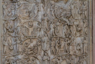 Jesse-träd och messianska profetior, Stories of Genesis, basreliefer av Lorenzo Maitani (före 1275-1330), andra pelaren, fasaden på Orvieto-katedralen, Umbrien, Italien av Lorenzo Maitani