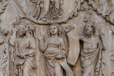 Profeter, detalj från Jesse-trädet och messianska profetior, Berättelser om Genesis, basreliefer av Lorenzo Maitani (före 1275-1330), andra pelaren, fasaden på Orvieto-katedralen, Umbrien, Italien av Lorenzo Maitani
