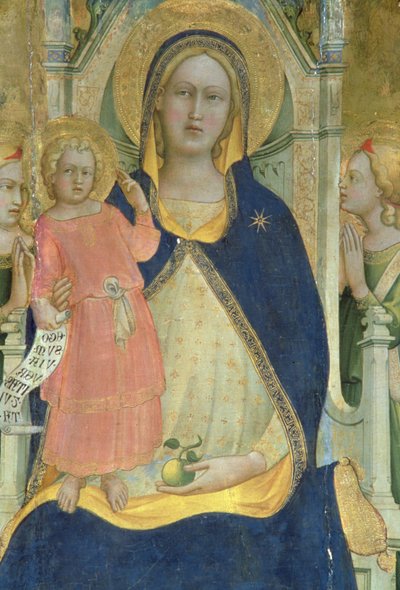 Madonna och barnet tronade med heliga, detalj som visar Madonnan och barnet, polytych, 1413 av Lorenzo Monaco