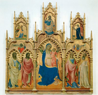 Madonna och Jesusbarnet, helgon; överst: Bebådelsen (tempera på trä) av Lorenzo Monaco