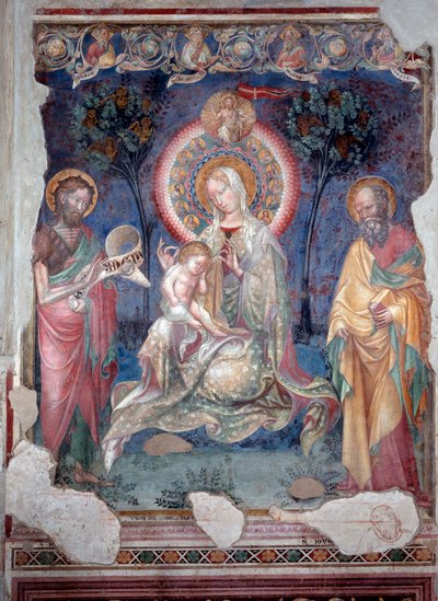 Jungfru med barn omgiven av aposteln Jakob och Johannes Döparen (fresko av Lorenzo Salimbeni