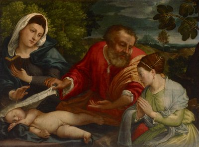 Den heliga familjen med en donatrix som den heliga Katarina av Alexandria, ca 1540-1545 av Lorenzo attr. to Lotto