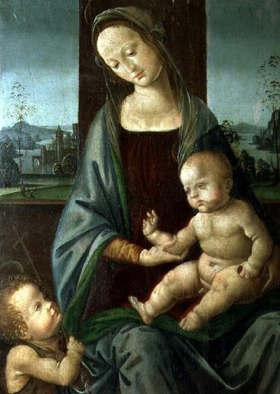 Madonna och barn med spädbarnet Johannes Döparen av Lorenzo di (workshop of) Credi