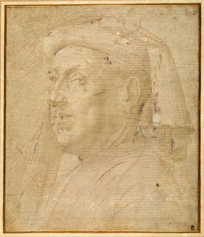 Byst av en man som bär en chaperon (metallspets förhöjd med vitt på papper) av Lorenzo di Credi