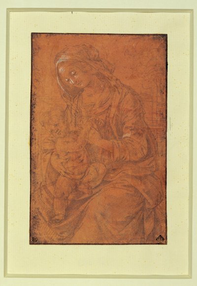 Madonna. Silverpenna, förstärkt i vitt på laxrosa papper... av Lorenzo di Credi