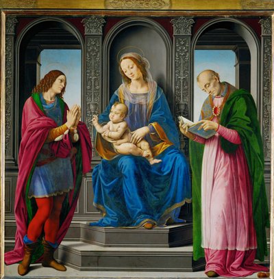 Madonna med barn, omgiven av Sankt Julian och Sankt Nikolaus av Myra ... av Lorenzo di Credi