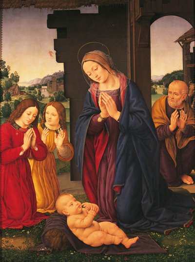 Tillbedjan av barnet och änglarna, av Lorenzo di Credi (1459-1536), tempera på duk av Lorenzo di Credi