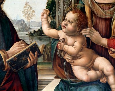 Jungfru med barn och två helgon, den helige Matteus och den helige Hieronymus (Jungfru med barnet och två helgon, den helige Matteus och den helige Hieronymus) Detaljmålning av Lorenzo di Credi (1459-1537) Florens, kyrkan santo Spirito Italien av Lorenzo di Credi