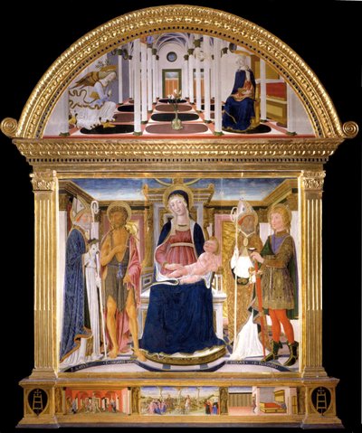 Madonna med barnet och de heliga Blaise, Johannes Döparen, Nicholas och Florian. Bebådelsen, 1462 av Lorenzo di Pietro