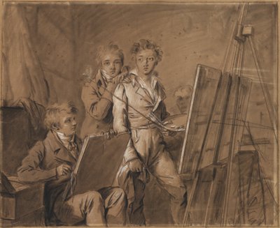 Tre unga konstnärer i en studio av Louis Leopold Boilly