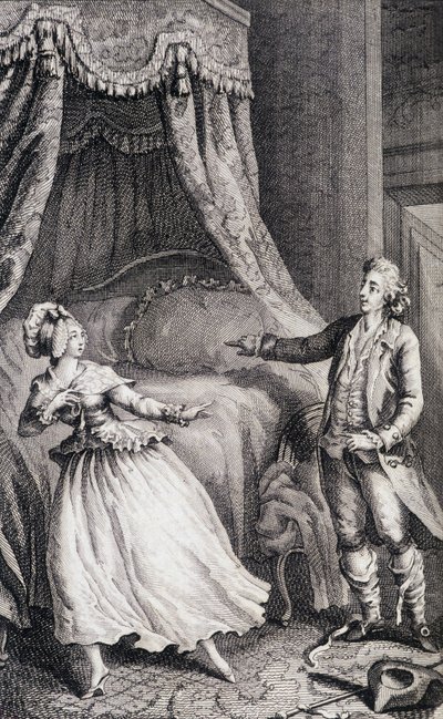 Par framför sängen i sovrummet - i "Les francaises ou 34 exempel valda i de nuvarande sederna lämpliga att leda döttrar, kvinnor, hustrur, mödrar" av Restif de La Bretonne (1734-1806), ill. av Binet, Neufchatel av Louis (after) Binet
