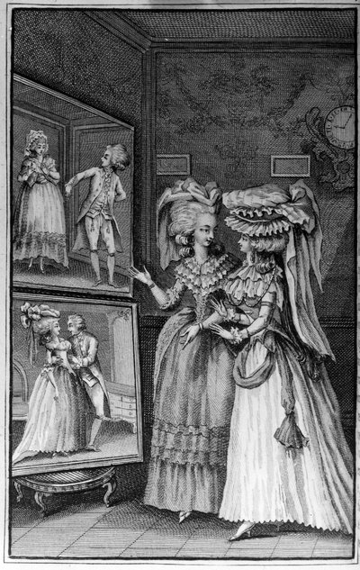 Illustration av Louis Binet (1744-1800) för boken av Nicolas Edme Restif de La Bretonne "" Les Parisiennes"", eller XL General Characters Taken in the Modern Moors, passform to serve a l’instruction des Person-du-Sexe, hämtade från memoarerna från det nya  av Louis (after) Binet