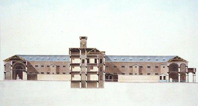 Tvärsnitt av det nya fängelset i Bryssel, från "Choix des Monuments, Edifices et Maisons les plus remarquables du Royaume des Pays-Bas" av Pierre Jacques Goetghebuer, graverad av författaren, publicerad 1827 (akvatint). av Louis (after) Damesme