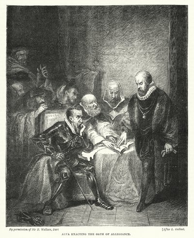 Alva kräver trohetseden (gravyr) av Louis (after) Gallait