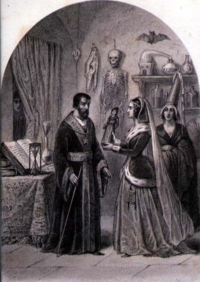 En kund besöker en trollkarl, graverad av Philibert Langlois (fl.c.1834-9) (gravyr) av Louis (after) Marckl