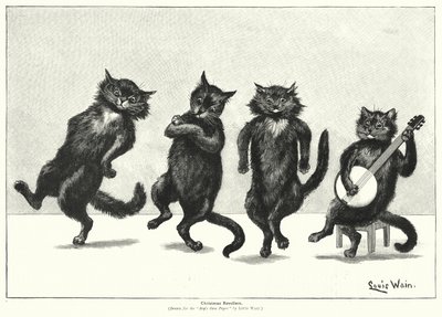 Katter som dansar (litho) av Louis (after) Wain