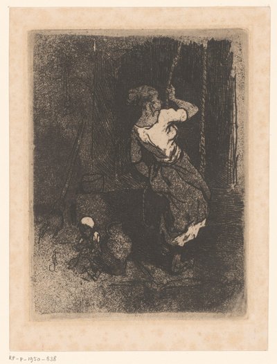 En kvinna hämtar vatten från en brunn, ett sittande barn bredvid sig av Louis Adolphe Hervier (attributed to)