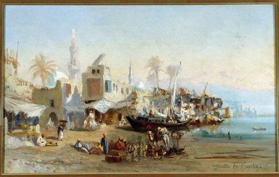 Fiskare och moskéer i hamnen i Boulack i Egypten Målning av Amable Louis Crapelet (1822-1867) Sön. 41x64 cm Obligatoriskt omnämnande: Regards de Provence foundation collection, Marseille av Louis Amable Crapelet