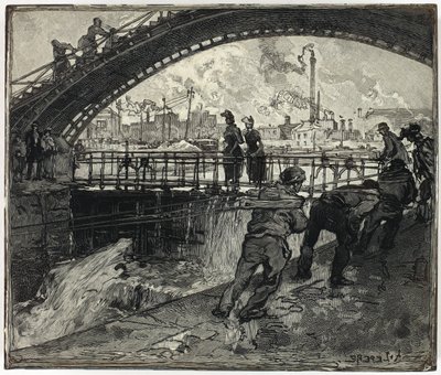 Träsnitt för Sluss i Canal Saint-Martin av Louis Auguste Lepère