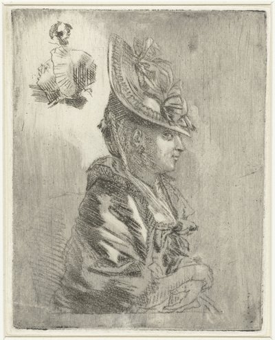 Studieblad med porträtt av en ung kvinna med hatt och två mindre porträtt av Louis Bernard Coclers