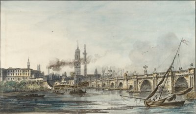 Utsikt över Themsen mot kyrkan St Magnus och monumentet, sent 1700-tal av Louis Bélanger