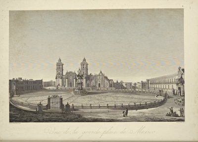 Utsikt över huvudtorget, Mexico City, illustration från "Views of the Cordilleras and Monuments of the Ursprungsbefolkning i Amerika" av Alexander von Humboldt och Aime Bonpland av Louis Bouquet