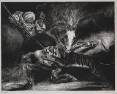 En attack av en tiger. av Louis Candide Boulanger