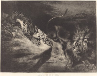 Lejonet och tigern av Louis Candide Boulanger after Eugène Delacroix