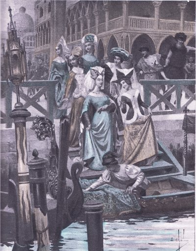 Gröna gäss, illustration från Decameron av Boccaccio publicerad av Navarre Society 1930-talet (litho) av Louis Chalon