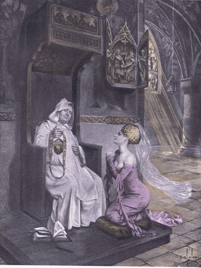 The lady and the friar, illustration från Decameron of Boccaccio publicerad av Navarre Society 1930-talet (litho) av Louis Chalon