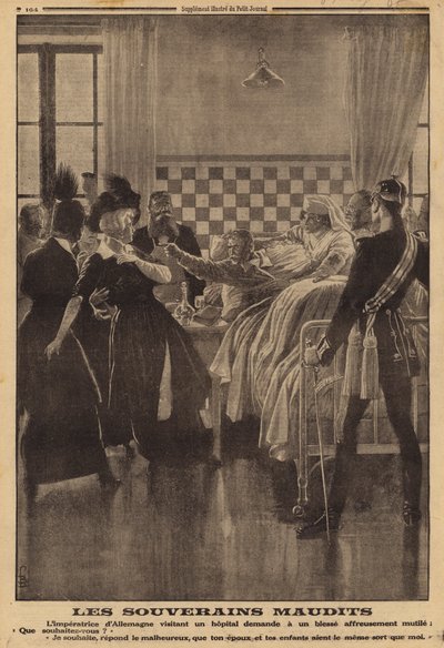 Arg reaktion från en skadad soldat på sjukhus på ett besök från kejsarinnan Augusta Victoria, första världskriget av Louis Charles (after) Bombled