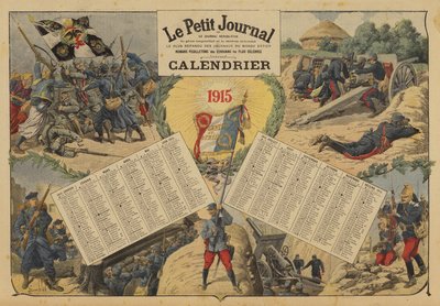 Kalender för 1915, med scener på slagfältet från första världskriget (lito i färg) av Louis Charles (after) Bombled