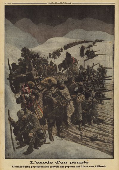 Exodus of a people: den serbiska armén skyddar en kolonn av bönder som flyr till Albanien, första världskriget av Louis Charles (after) Bombled