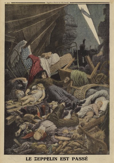 Familj dödades i ett bombräd av en tysk zeppelinare, första världskriget, 1916 (färg litho) av Louis Charles (after) Bombled
