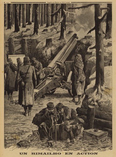 Franska arméns Rimailho snabbeldande medium haubits i aktion, första världskriget av Louis Charles (after) Bombled