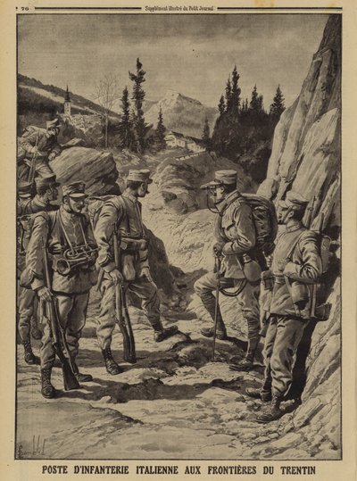 Italiensk infanteripost på gränsen till Trentino, första världskriget av Louis Charles (after) Bombled