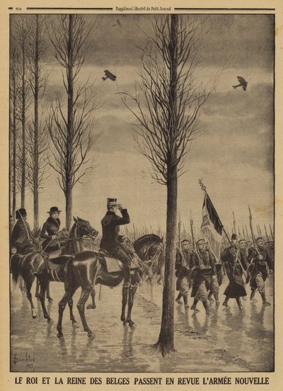 Kung Albert I och drottning Elisabeth av belgarna granskar sin nya armé, första världskriget av Louis Charles (after) Bombled