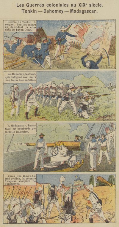 Kolonialkrig på 1800-talet, Tonkin, Dahomey, Madagaskar (färg litho) av Louis Charles (after) Bombled